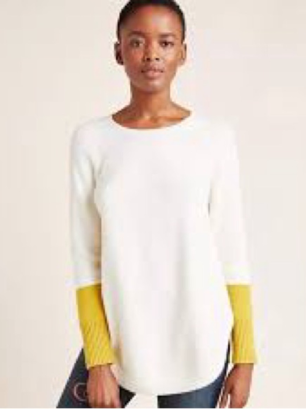 Anthropologie Rebekah Tunic Crewneck Sweater ivory & Yellow Sleeve Panels